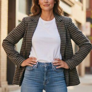 Max Mara Weekend Wool Blend Windowpane Blue Black Taupe Plaid Blazer Size Small